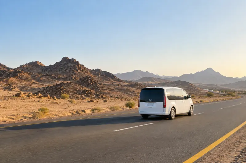 Taxi on the road from Madinah to Badr for ziyarat