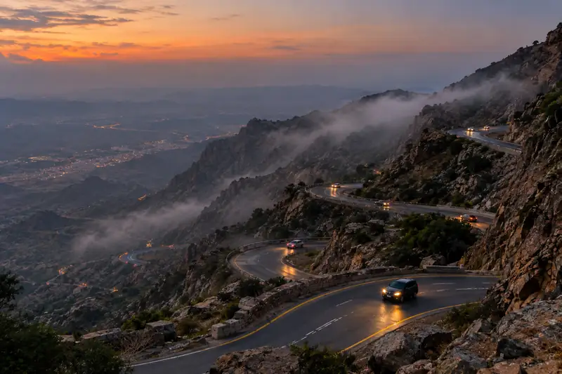 Evening fog on the Al Hada road on the drive from Taif to Jeddah